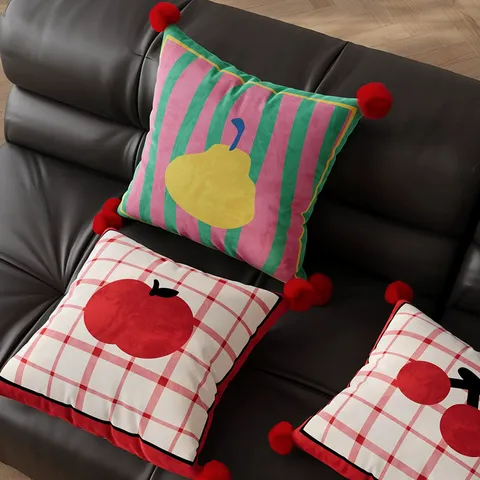 Minimalist Cartoon Fruit Print Plush Throw Pillow Cover Red Stripe Apple Cherry Pear Sofa Cushion With Pom-Pom Home Decor