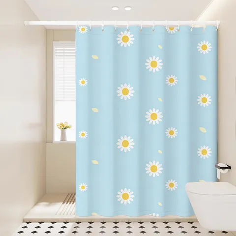 Waterproof Polyester Shower Curtain Floral Print Fabric Bathroom Partition Curtain With Hooks And Tieback