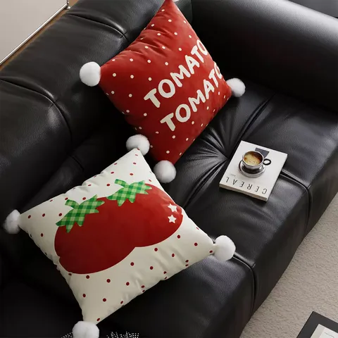 Koreanisch Weihnachten Rot Tomate Druck Plüsch Dekorativ Kissenbezug Sofa Kissen Pompon Rand Zierkissenbezug Heimdekoration