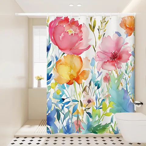 Cortina de Ducha de Tela Impermeable Floral de Acuarela Nórdica Con Ganchos y Sujetadores Cortina Colgante Divisoria de Baño