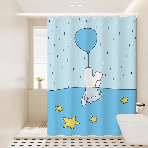 Cute Cartoon Cat Shower Curtain Waterproof Polyester Bathroom Partition Curtain With Hooks And Tieback