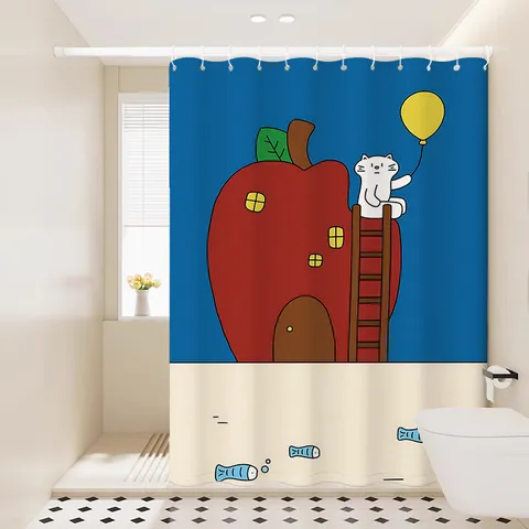 Cute Cartoon Cat Shower Curtain Waterproof Polyester Bathroom Partition Curtain With Hooks And Tieback