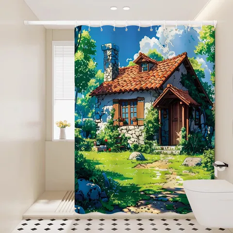 Anime Style Summer Landscape Shower Curtain Waterproof Fabric Bathroom Partition Hanging Curtain with Hooks