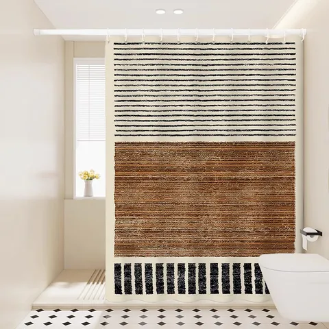 Waterproof Shower Curtain Polyester Fabric Abstract Geometric Lines Quick Drying Bathroom Curtain With Hooks And Tieback