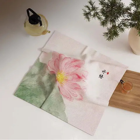 Cubierta Antipolvo de Algodón Lino Estilo Chino Nuevo Mantel Cuadrado para Mesa de Té Patrón de Loto Decoración del Hogar