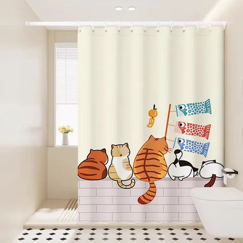 Cortina de Ducha Impermeable Lindo Patrón de Gato Cortinas de Baño de Tela para Partición de Ducha con Ganchos y Abrazaderas