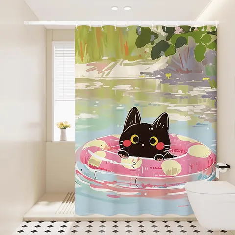 Cortina de Ducha Impermeable Lindo Patrón de Gato Cortinas de Baño de Tela para Partición de Ducha con Ganchos y Abrazaderas