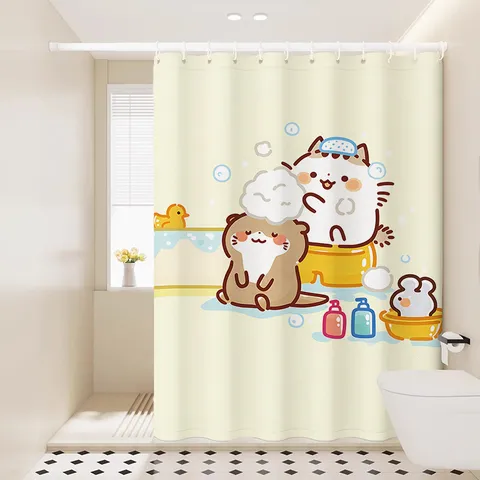 Cortina de Ducha de Dibujos Animados Impermeable Tela Estampada de Animales Lindos Cortina de Ducha de Baño Con Ganchos y Alzapaños Para Decoración del Hogar