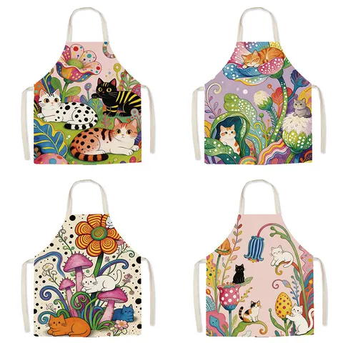 Delantal de Cocina Impermeable Lindo Gatito Colorido Patrón Floral Dibujos Animados Poliéster Adulto y Niño Cocina Horneado Delantal