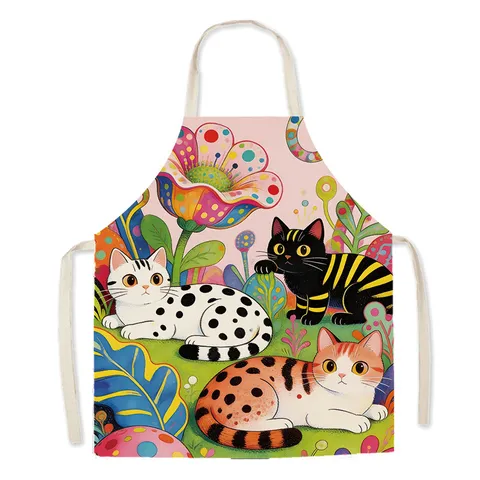 Delantal de Cocina Impermeable Lindo Gatito Colorido Patrón Floral Dibujos Animados Poliéster Adulto y Niño Cocina Horneado Delantal