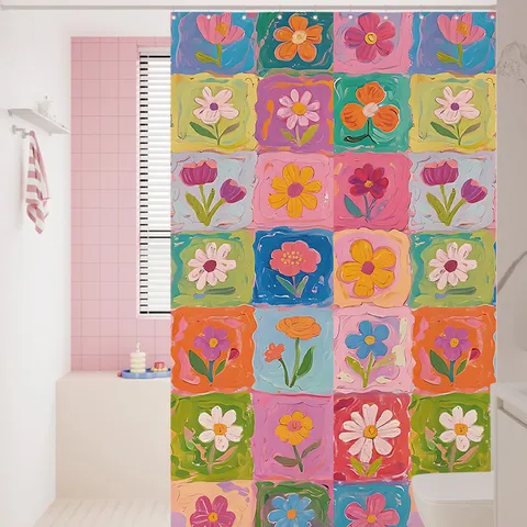 Waterproof Polyester Fabric Shower Curtain Abstract Floral Art Print Bathroom Decor with Hooks and Tiebacks