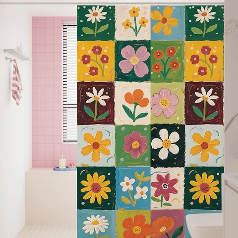 Waterproof Polyester Fabric Shower Curtain Abstract Floral Art Print Bathroom Decor with Hooks and Tiebacks