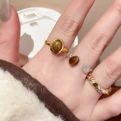 Vintage Kupfer Open Ring Für Damen Vergoldet Unregelmäßig Strass Tigerauge Fingerring Mode Schmuck