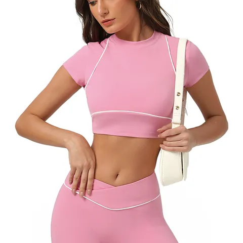Maglietta Sportiva Atletica ad Asciugatura Rapida da Donna Manica Corta Fitness Corsa Palestra Yoga Top Colore A Contrasto Abbigliamento Sportivo