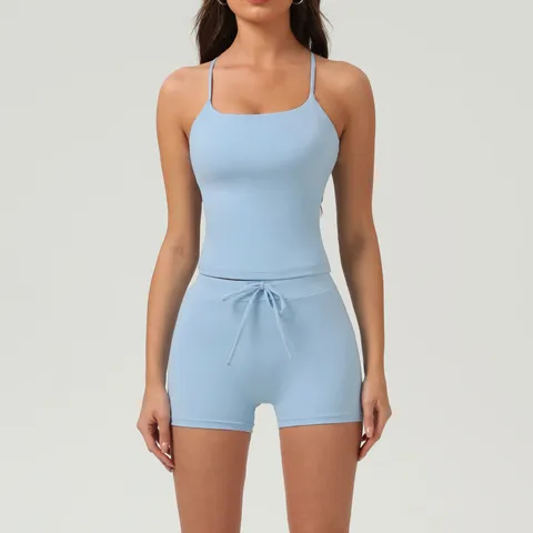 Mujeres Slim Fit Teido Acanalado Crop Top Y Shorts Pantalones Conjunto Deportivo Casual Fitness Yoga Atlético Traje De Dos Piezas