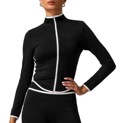 Chaqueta de Yoga Activa para Mujer Manga Larga Cuello Cisne Bloque de Color Cremallera Completa Secado Rápido Top Deportivo