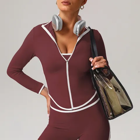 Chaqueta de Yoga Activa para Mujer Manga Larga Cuello Cisne Bloque de Color Cremallera Completa Secado Rápido Top Deportivo