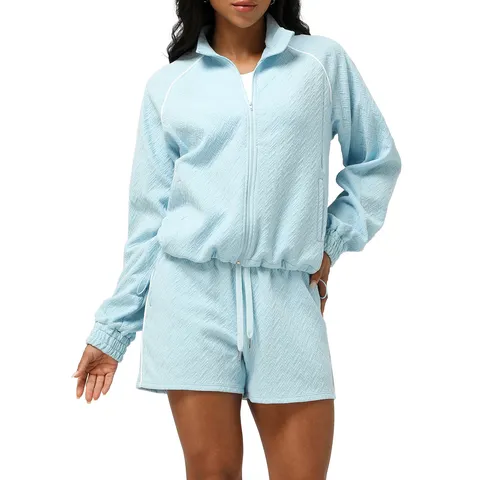 Chándal Texturizado Casual para Mujer Chaqueta de Manga Larga con Cremallera y Shorts Conjunto