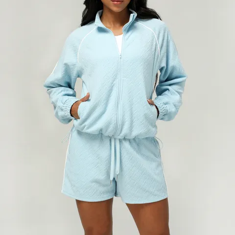 Chándal Texturizado Casual para Mujer Chaqueta de Manga Larga con Cremallera y Shorts Conjunto