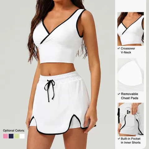 Conjunto de Falda de Tenis Deportiva para Mujer Top Sin Mangas con Cuello en V y Falda Plisada Ropa Deportiva de Fitness