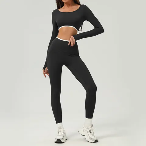 Women Long Sleeve Crop Top High Waist Butt Lifting Yoga Leggings Set Activewear Fitness Gym Workout Athletic Clothing