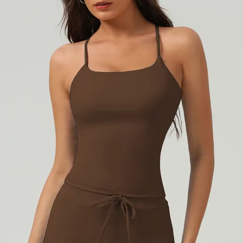 Camiseta de Tirantes Deportiva de Yoga para Mujer Espalda Cruzada Almohadillas Pecho Extraíbles Corte Ajustado Alta Elasticidad Nailon Elastano Chaleco