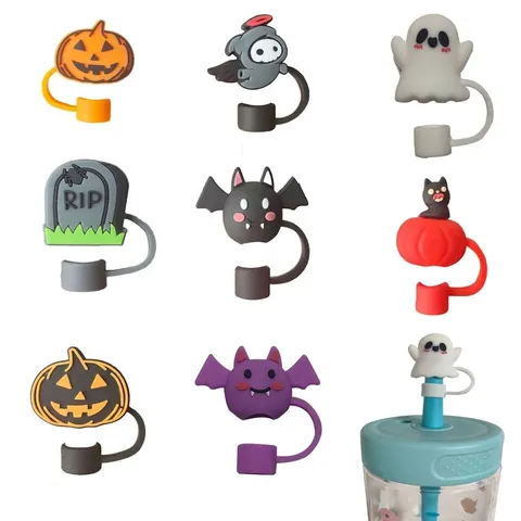 Cute Cartoon Silicone Straw Tip Covers Dustproof Reusable Drinking Straw Caps Halloween Pumpkin Ghost Theme Drinkware Accessories