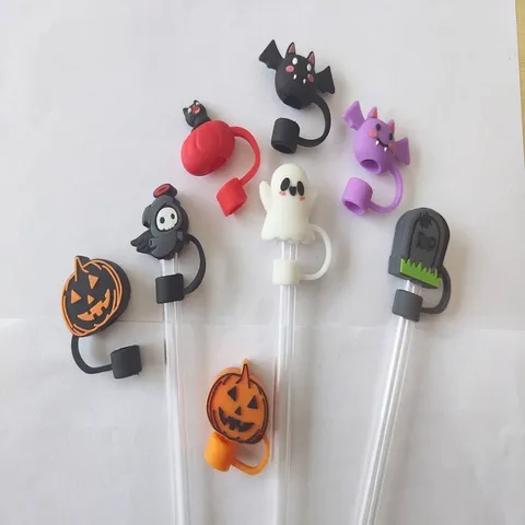 Cute Cartoon Silicone Straw Tip Covers Dustproof Reusable Drinking Straw Caps Halloween Pumpkin Ghost Theme Drinkware Accessories