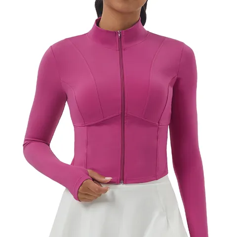 Damen Stehkragen Langarm Zip Sportjacke Slim Fit Laufen Fitness Yoga Top Ein羌ig Nylon Spandex Sportbekleidung