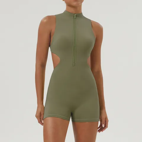 Combinaison de Yoga Fitness Sans Manches Dos Nu Demi-Zip Sportswear pour Femmes Nylon Élasthanne Coupe Slim Romper Athlétique