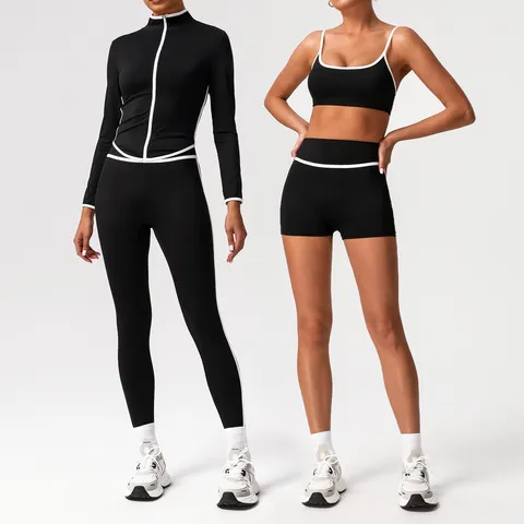 Conjunto de Yoga de Fitness Deportivo de Cintura Alta de Secado Rápido para Mujer Chaqueta de Manga Larga Sujetador Shorts Traje Deportivo