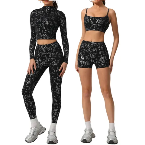 Conjunto de Yoga con Estampado en Plata para Mujer Top Corto de Manga Larga y Leggings Ropa de Deporte Fitness