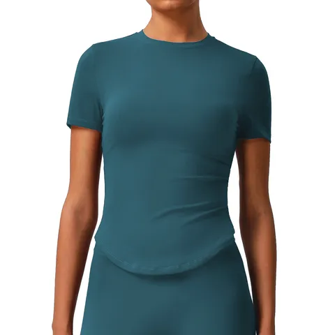 Camiseta Deportiva Slim Fit de Manga Corta para Mujer Alta Elasticidad Transpirable Cuello Redondo Top para Correr Yoga Fitness