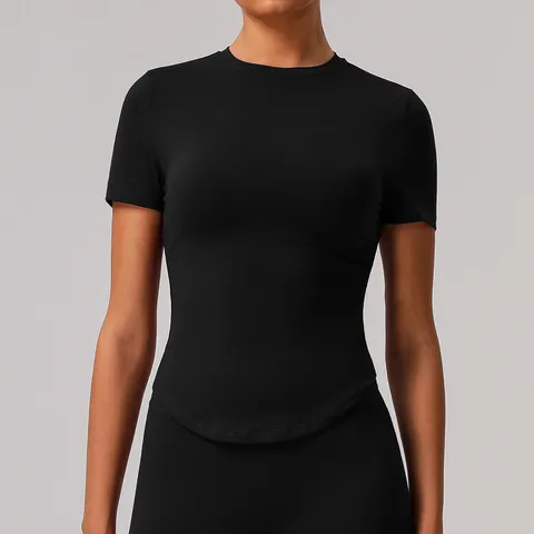 Camiseta Deportiva Slim Fit de Manga Corta para Mujer Alta Elasticidad Transpirable Cuello Redondo Top para Correr Yoga Fitness