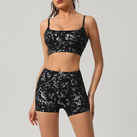 Conjunto de Yoga con Estampado en Plata para Mujer Top Corto de Manga Larga y Leggings Ropa de Deporte Fitness