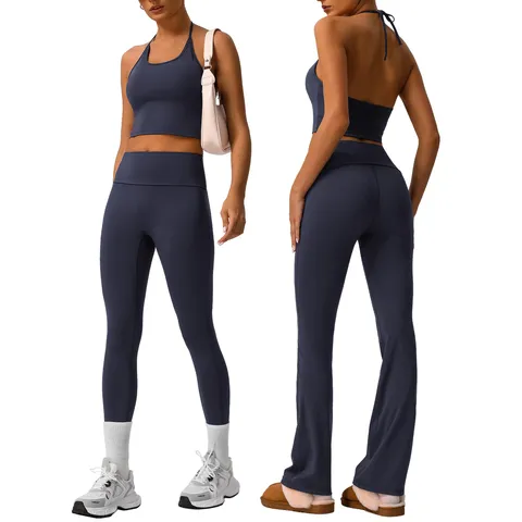 Conjunto de Yoga Deportivo para Mujer Crop Top Halter y Leggings Cintura Alta Gimnasio Fitness