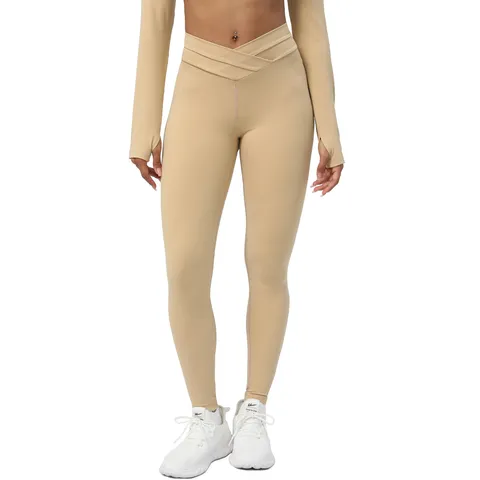 Leggings de Yoga Taille Haute Croisée pour Femmes Effet Nude Push-Up Pantalon de Fitness Sport Actif
