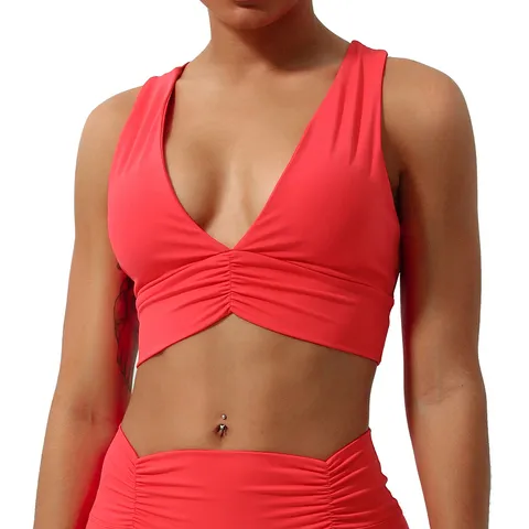 Soutien-gorge de Sport de Yoga pour Femmes Col en V Dos Croisé Rembourré Top de Fitness