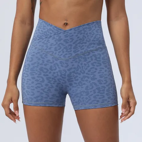 Short de Yoga Imprimé Léopard Taille Croisée pour Femmes Haute Élasticité Skinny Push-Up Sport Fitness Short
