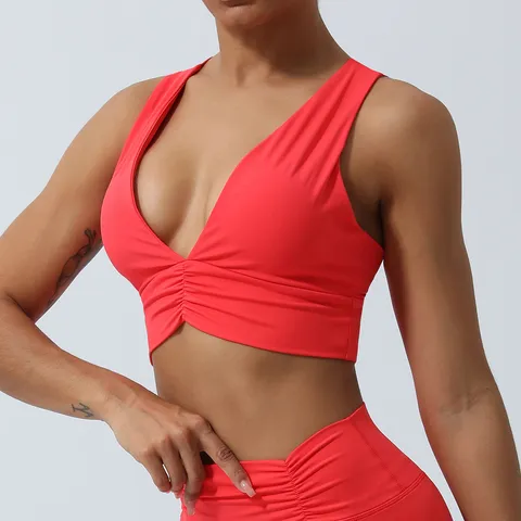 Soutien-gorge de Sport de Yoga pour Femmes Col en V Dos Croisé Rembourré Top de Fitness