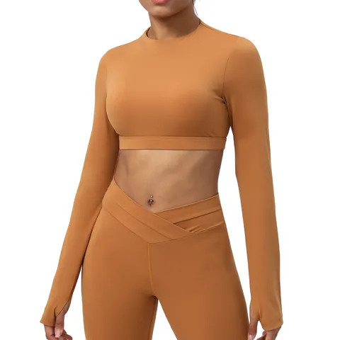 Damen Langarm Bauchfreies Yoga Top Sportbekleidung Fitness Athletisches Shirt Unifarben Rückenfrei Fitnessstudio Sportkleidung