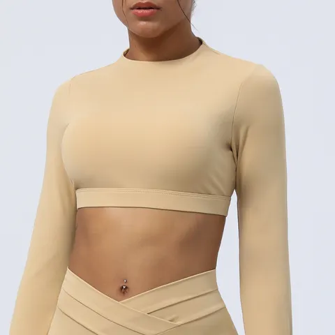 Damen Langarm Bauchfreies Yoga Top Sportbekleidung Fitness Athletisches Shirt Unifarben Rückenfrei Fitnessstudio Sportkleidung