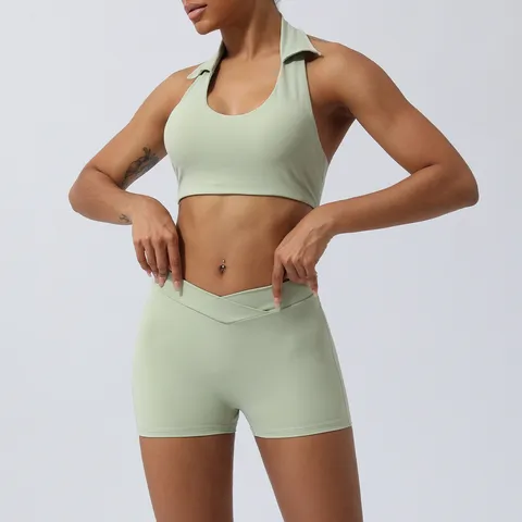 Conjunto de Ropa Deportiva Yoga para Mujer Crop Top Halter Espalda Descubierta Y Pantalones Cintura Alta Levanta Glúteos
