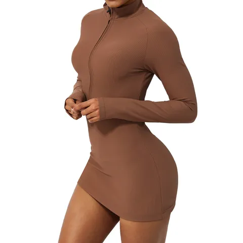 Mono de Yoga Acanalado de Manga Larga con Cremallera para Mujer Vestido Deportivo Fitness Slim Activewear