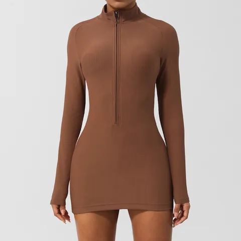 Mono de Yoga Acanalado de Manga Larga con Cremallera para Mujer Vestido Deportivo Fitness Slim Activewear