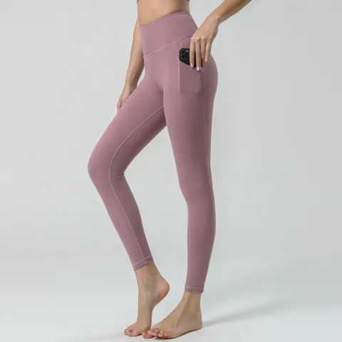 Damen Hohe Taille Yoga Hose Einflarbig Nylon Elasthan Schlank Fitness Leggings Mit Tasche Sport Workout Aktivbekleidung