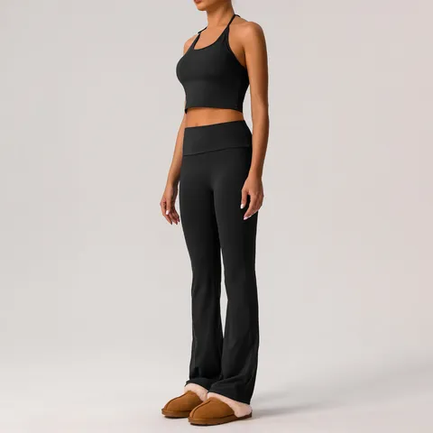 Conjunto de Yoga Deportivo para Mujer Crop Top Halter y Leggings Cintura Alta Gimnasio Fitness