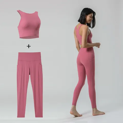 Ensemble de Yoga d'Entraînement Sans Coutures pour Femmes Taille Haute Poche Fitness Course Activewear Haut et Bas