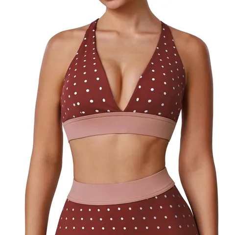 Soutien-Gorge de Sport pour Femmes Pois Dos Croisé Haute Élasticité Nylon Fitness Entraînement Haut de Gym