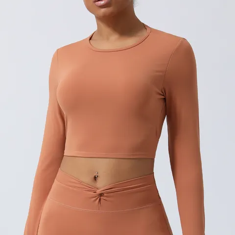 Top de Yoga de Manga Larga para Mujer Slim Fit Secado Rápido Camiseta Deportiva Espalda Descubierta Nudo Crop Activewear Fitness